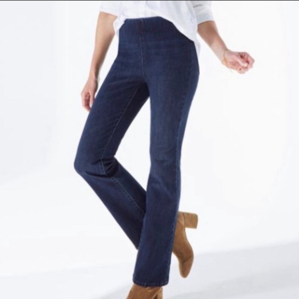 Soft Surroundings Jeans Straight Leg Pull On Dark Wash Denim PS Petite Comfort